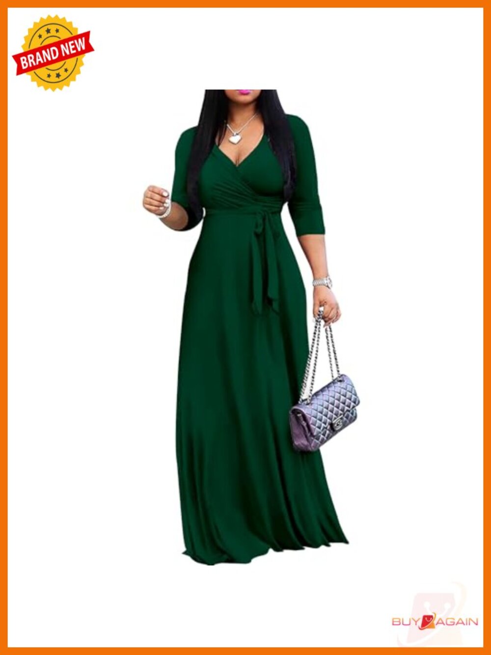 Plus Size Maxi Wrap Dress 3/4 Sleeve V-Neck Polyester Spandex Summer Sundress